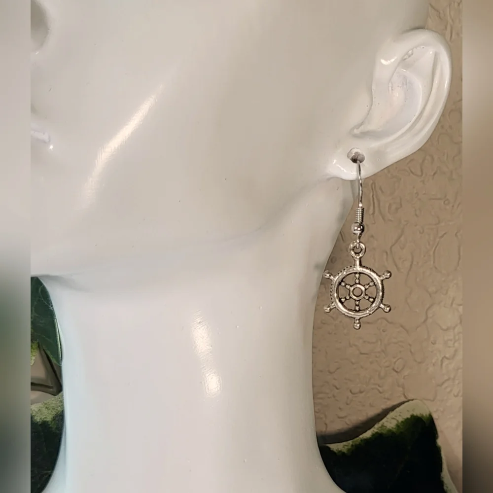 Nautical Silver Ship Wheel Statement Dangle Earrings / Pierced - Picture 2 of 5